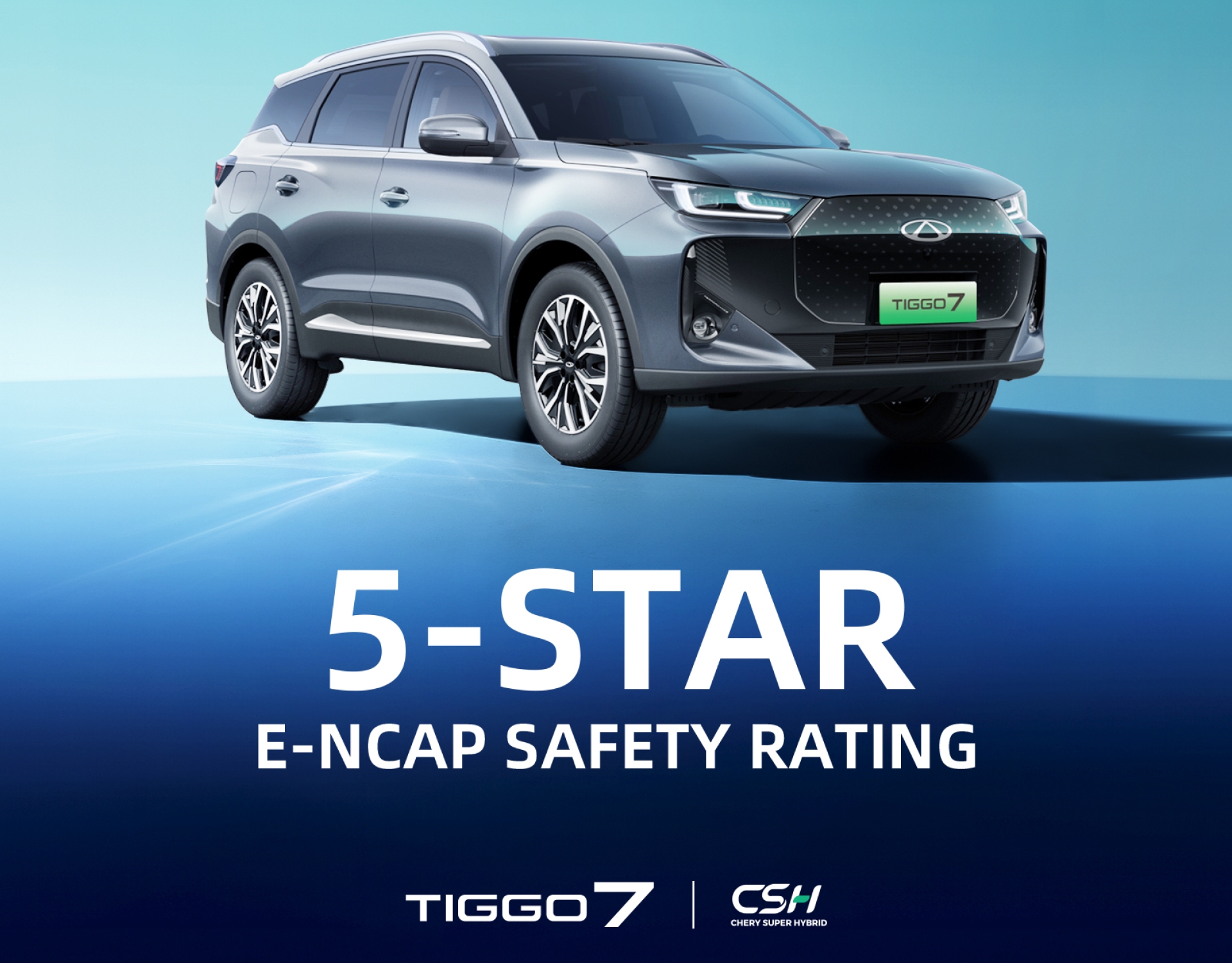 Model Chery TIGGO 7 CSH získal při opakovaném hodnocení Euro NCAP v roce 2025 pět hvězd s výsledky 82 % v ochraně dospělých a 85 % v ochraně dětí. Filosofie „Safety, for Family“ vyjadřuje zaměření značky na bezpečnost rodinného cestování.